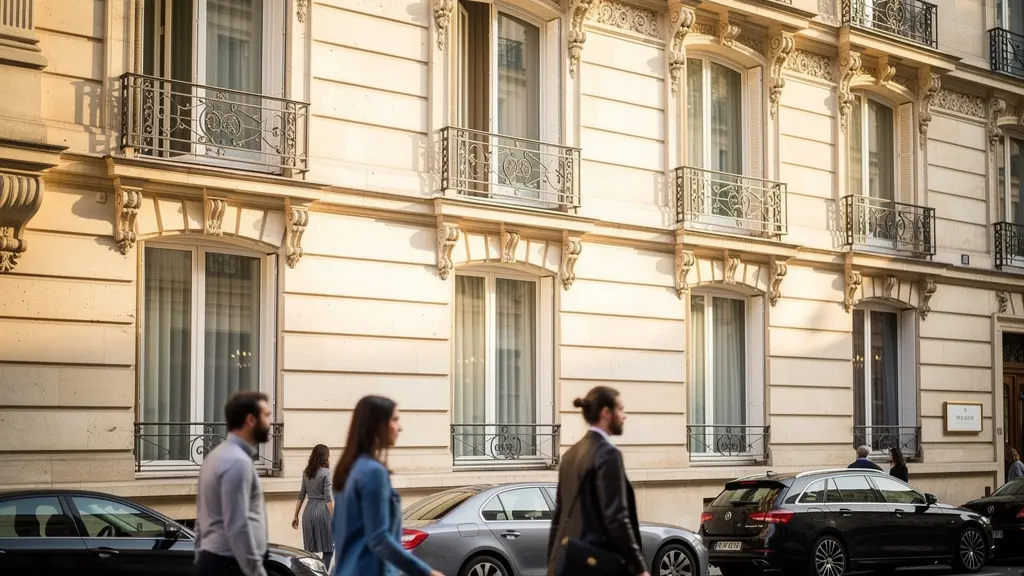 Façade élégante d'un hôtel parisien traditionnel dans le 8ème arrondissement