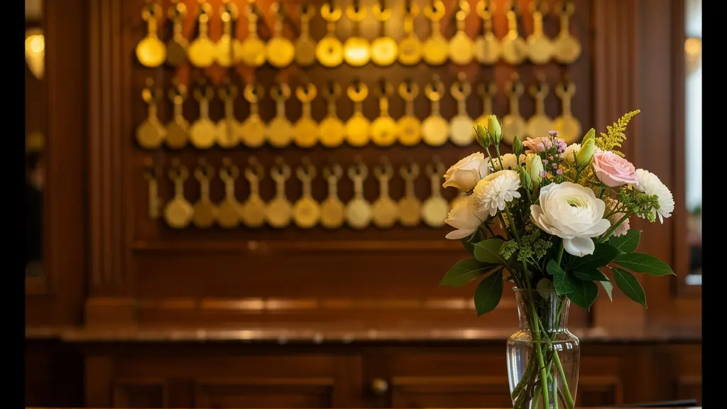 Détail de réception d'hôtel traditionnel parisien avec clés anciennes