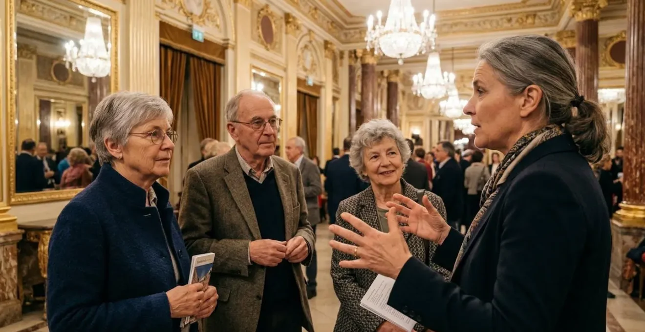 Conférencier musical expliquant une œuvre à un petit groupe de voyageurs dans un foyer d'opéra