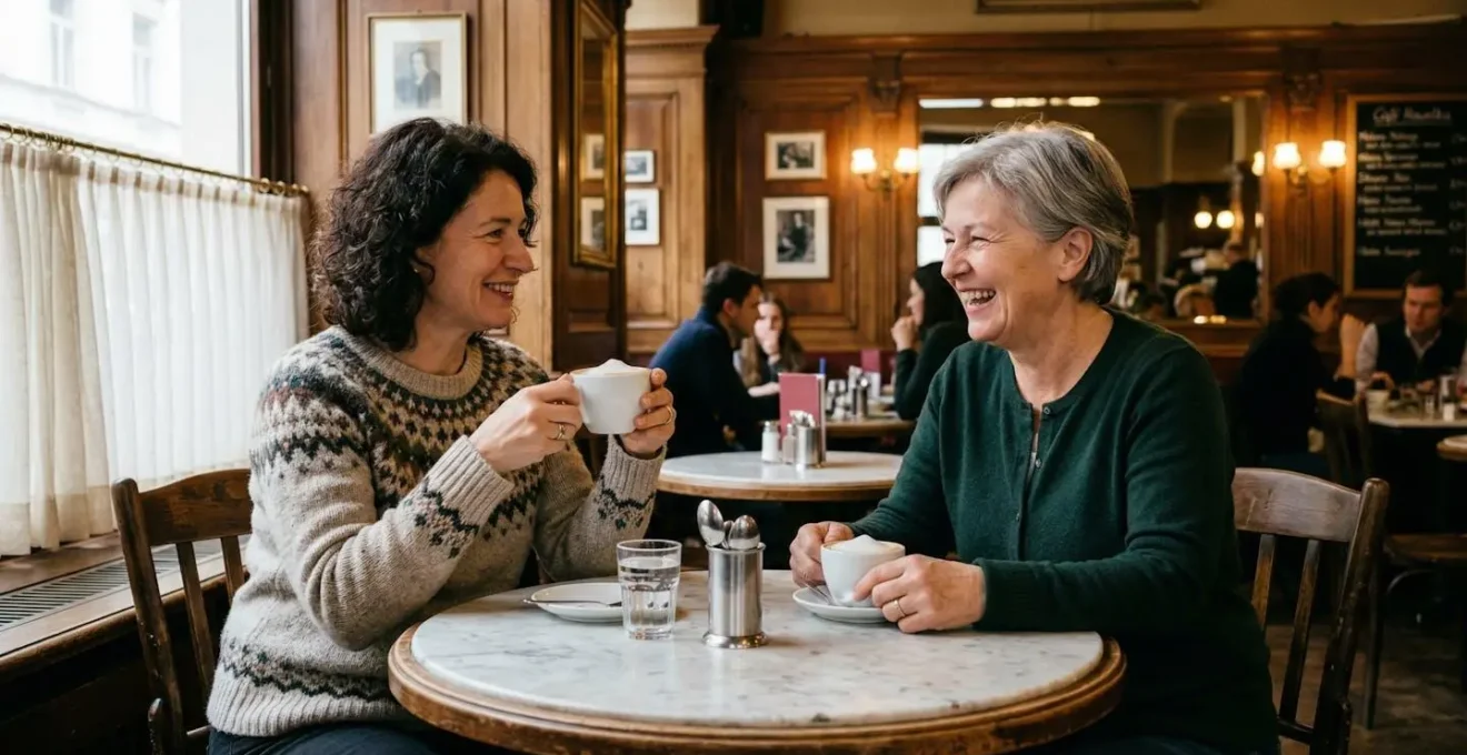 Voyageurs discutant autour d'un café dans un établissement viennois traditionnel après un concert