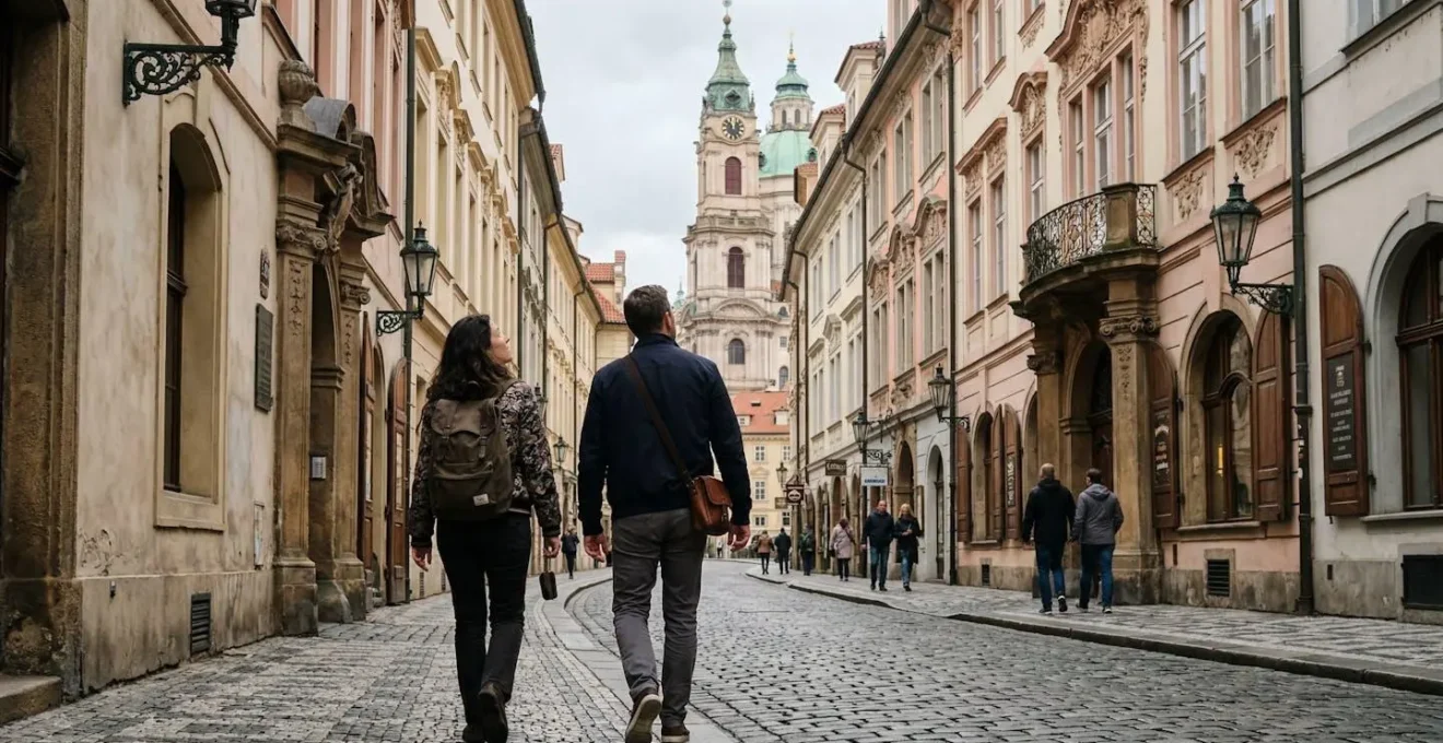 Rue pittoresque d'une ville européenne musicale avec architecture baroque et voyageurs découvrant le quartier
